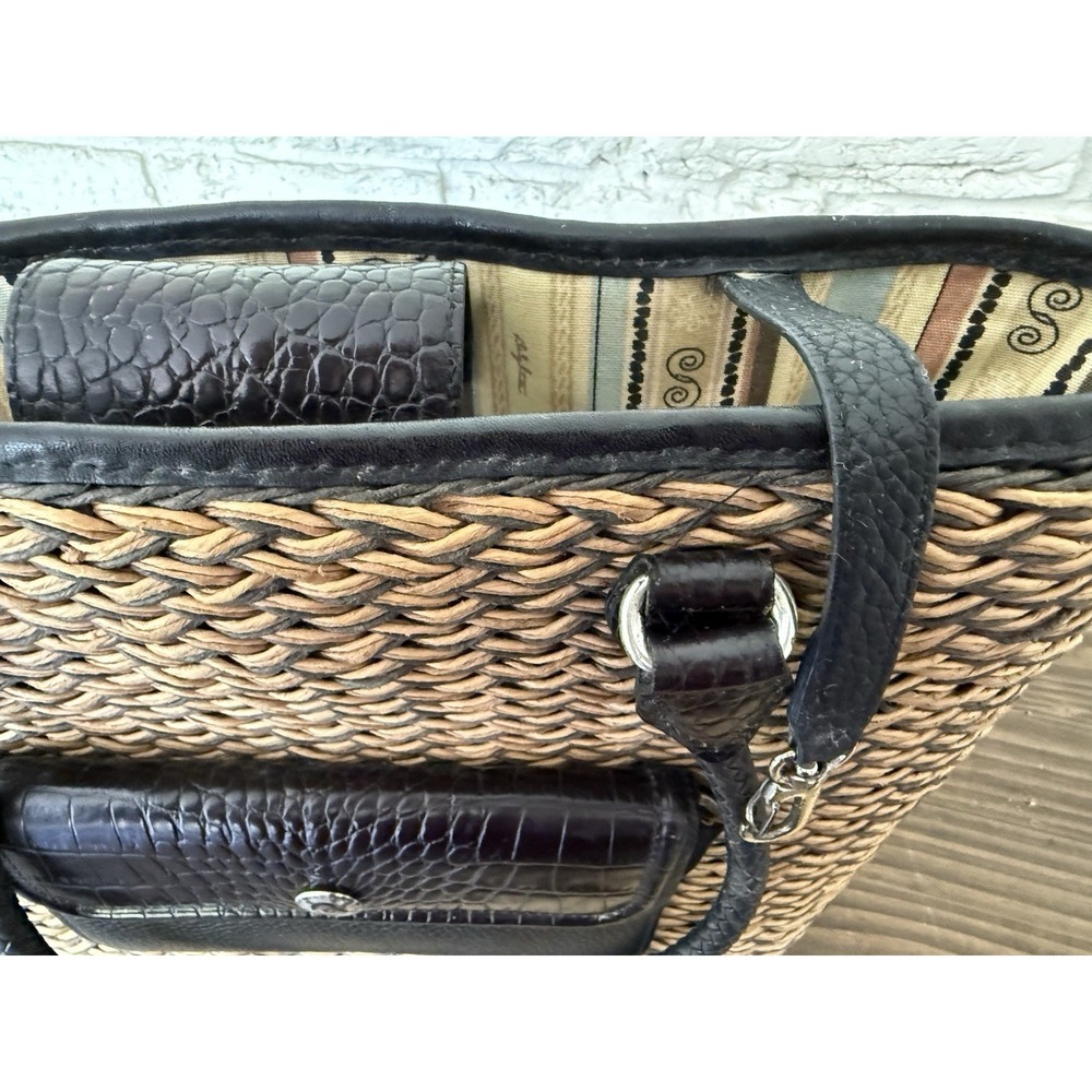 Vintage Brighton Straw & Leather Purse Tote Bag Woven Braided Straps-Tan Black - Picture 13 of 16